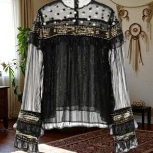 DODO BAR OR Black & Gold Embroidered Gothic Tulle Chiffon Top Women’s Sz 40/S